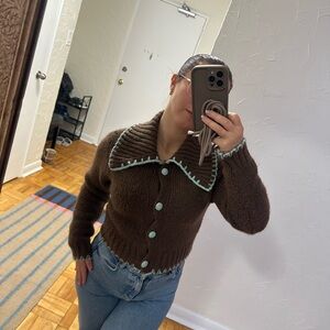 Zara Sold Out Brown Cardigan with Blue Accents S/M